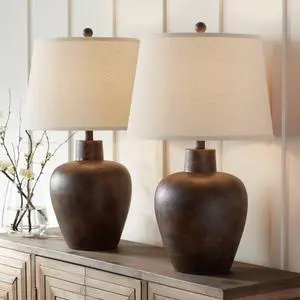 Glenn 27" Tall Urn Farmhouse Rustic Natural Cottage Southwestern Table Lamps Set of 2 WiFi Smart Socket Dark Terra Cotta Finish Living Room Bedroom Bedside Nightstand Fabric Shade Glenn 27" Tall Urn Farmhouse Rustic Natural Cottage Southwestern Table Lamps Set of 2 WiFi Smart Socket Dark Terra Cotta Finish Living Room Bedroom Bedside Nightstand Fabric Shade