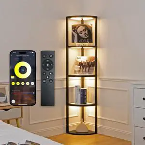Corner Floor Lamp with Shelves, Dimmable LED Corner Shelf with Lights, Standing Lamp for Living Room, Shelf Lamp with Full Brightness Control, Color Changing Temps, and Reinforced Glass Corner Floor Lamp with Shelves, Dimmable LED Corner Shelf with Lights, Standing Lamp for Living Room, Shelf Lamp with Full Brightness Control, Color Changing Temps, and Reinforced Glass
