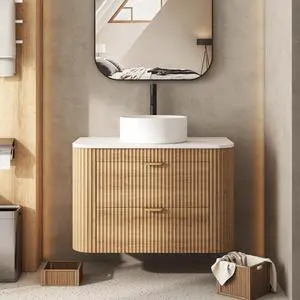 30 Inch Bathroom Vanity with Sink, Floating Vanity with Ceramic Sink Combo, Fluted Bathroom Vanity with 2 Storage Drawers, Modern Wall Mounted Cabinet, Marble Look Wooden Tabletop, Natural Wood Grain 30 Inch Bathroom Vanity with Sink, Floating Vanity with Ceramic Sink Combo, Fluted Bathroom Vanity with 2 Storage Drawers, Modern Wall Mounted Cabinet, Marble Look Wooden Tabletop, Natural Wood Grain