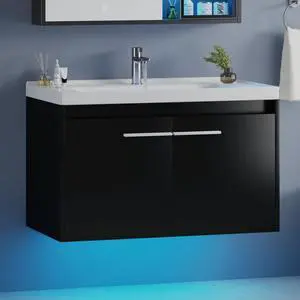 31" Floating Bathroom Vanity with Sink, Modern Black Bathroom Vanity with LED Light, Wall Mounted Sink Cabinet with 2 Doors, Black 31" Floating Bathroom Vanity with Sink, Modern Black Bathroom Vanity with LED Light, Wall Mounted Sink Cabinet with 2 Doors, Black