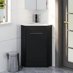 26" Corner Bathroom Vanity Sink Combo for Small Space Freestanding Storage Cabinet with White Resin Sink and Matte Black Faucet, Black 26" Corner Bathroom Vanity Sink Combo for Small Space Freestanding Storage Cabinet with White Resin Sink and Matte Black Faucet, Black