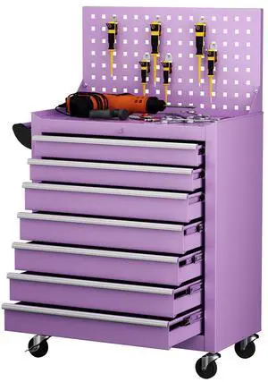 7 Drawers Rolling Tool Box with Pegboard,Portable Tool Chest with Wheels, Tool Box Organizer with Locking System for Garage, Purple 7 Drawers Rolling Tool Box with Pegboard,Portable Tool Chest with Wheels, Tool Box Organizer with Locking System for Garage, Purple