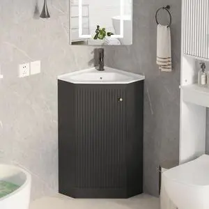 24 Inch Corner Bathroom Vanity with Sink for Small Spaces, Black Freestanding Bathroom Vanity with Ceramic Sink, Modern Wall Mount Small Bathroom Vanity for Powder Room,Half Bath(No Faucet) 24 Inch Corner Bathroom Vanity with Sink for Small Spaces, Black Freestanding Bathroom Vanity with Ceramic Sink, Modern Wall Mount Small Bathroom Vanity for Powder Room,Half Bath(No Faucet)