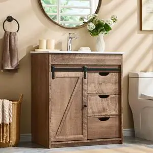 30" Farmhouse Bathroom Vanity with Ceramic Sink Combo, Freestanding Modern Bathroom Storage Vanity Cabinet w/Sliding Barn Door, 3 Drawers & Adjustable Shelves, Light Brown 30" Farmhouse Bathroom Vanity with Ceramic Sink Combo, Freestanding Modern Bathroom Storage Vanity Cabinet w/Sliding Barn Door, 3 Drawers & Adjustable Shelves, Light Brown