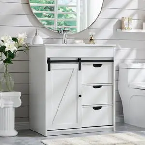 30" Farmhouse Bathroom Vanity with Sink, Freestanding Bathroom Storage Vanity Cabinet w/Sliding Barn Door, 3 Drawers & Adjustable Shelves, Metal Handle, White 30" Farmhouse Bathroom Vanity with Sink, Freestanding Bathroom Storage Vanity Cabinet w/Sliding Barn Door, 3 Drawers & Adjustable Shelves, Metal Handle, White