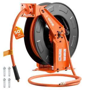 Retractable Air Hose Reel, 3/8 Inch x 50 FT Rubber Air Hose Max 300PSI, Auto Rewind Air-Compressor Hoses Reel with 5 ft Lead in, Ceiling/Wall Mount Heavy Duty Steel Double Arm Retractable Air Hose Reel, 3/8 Inch x 50 FT Rubber Air Hose Max 300PSI, Auto Rewind Air-Compressor Hoses Reel with 5 ft Lead in, Ceiling/Wall Mount Heavy Duty Steel Double Arm