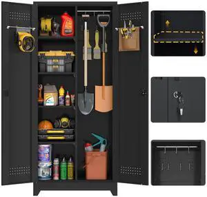 Broom Closet Storage Cabinet, Garage Storage Cabinet with Dooors,Lockable Cabinet, Black Broom Closet Storage Cabinet, Garage Storage Cabinet with Dooors,Lockable Cabinet, Black