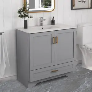 36" Bathroom Vanity with Ceramic Undermount Sink - Freestanding 2-Door & 1-Drawer Storage Cabinet, Grey 36" Bathroom Vanity with Ceramic Undermount Sink - Freestanding 2-Door & 1-Drawer Storage Cabinet, Grey