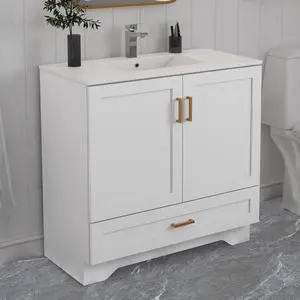 36" Bathroom Vanity with Ceramic Undermount Sink - Freestanding 2-Door & 1-Drawer Storage Cabinet, White 36" Bathroom Vanity with Ceramic Undermount Sink - Freestanding 2-Door & 1-Drawer Storage Cabinet, White