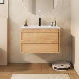 30" Floating Bathroom Vanity Sink Combo, Wall Mounted Modern Minimalist Storage Cabinet with 2 Drawers, Include White Sink, Faucet & Drain, Natural 30" Floating Bathroom Vanity Sink Combo, Wall Mounted Modern Minimalist Storage Cabinet with 2 Drawers, Include White Sink, Faucet & Drain, Natural