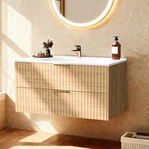 36 Inch Bathroom Vanity with Sink, Modern Floating Bathroom Vanity with Resin Sink, 2 Large Storage Darwers, Wood Grain Texture Wall Mounted Vanity, Gold Handles (36'') 36 Inch Bathroom Vanity with Sink, Modern Floating Bathroom Vanity with Resin Sink, 2 Large Storage Darwers, Wood Grain Texture Wall Mounted Vanity, Gold Handles (36'')