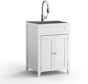 24-Inch Laundry Sink with Cabinet and Pull-Out Sprayer Faucet, Stainless Steel Utility Sink with Cabinet, White Cabinet with Sink for Laundry & Utility Room, Kitchen, Bathroom, Basement 24-Inch Laundry Sink with Cabinet and Pull-Out Sprayer Faucet, Stainless Steel Utility Sink with Cabinet, White Cabinet with Sink for Laundry & Utility Room, Kitchen, Bathroom, Basement