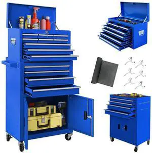 13-Drawer Double Doors Tool Chest, 2 in 1 Detachable Rolling Tool Chest, Large Tool Box with Drawers, Mobile Tool Cabinet with Lock, Metal Standing Toolbox for Garage Workshop-Blue 13-Drawer Double Doors Tool Chest, 2 in 1 Detachable Rolling Tool Chest, Large Tool Box with Drawers, Mobile Tool Cabinet with Lock, Metal Standing Toolbox for Garage Workshop-Blue