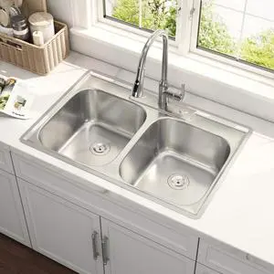 33x22 Drop In Double Bowl 33 Inch Topmount 50/50 Kitchen Sink | 304 Stainless Steel, 18 Gauge Thickness, U Channel for Fixed, Three Holes with Cover, Brushed Satin Finish, 33" x 22" x 9" 33x22 Drop In Double Bowl 33 Inch Topmount 50/50 Kitchen Sink | 304 Stainless Steel, 18 Gauge Thickness, U Channel for Fixed, Three Holes with Cover, Brushed Satin Finish, 33" x 22" x 9"