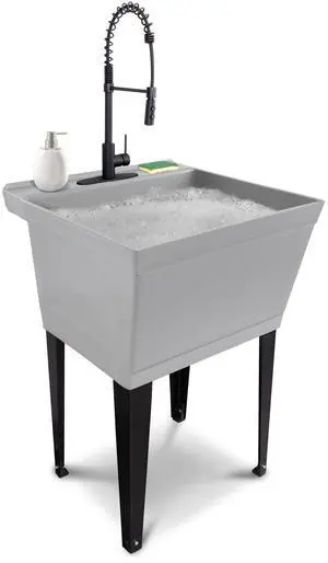 Utility Sink Extra-Deep Laundry Tub in Grey with High-Arc Coil Pull-Down Sprayer Faucet in Matte Black, Integrated Supply Lines, P-Trap Kit, Heavy Duty Floor Mounted Freestanding Wash Station Utility Sink Extra-Deep Laundry Tub in Grey with High-Arc Coil Pull-Down Sprayer Faucet in Matte Black, Integrated Supply Lines, P-Trap Kit, Heavy Duty Floor Mounted Freestanding Wash Station