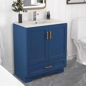 36" Bathroom Vanity with Ceramic Undermount Sink - Freestanding 2-Door & 1-Drawer Storage Cabinet, Blue 36" Bathroom Vanity with Ceramic Undermount Sink - Freestanding 2-Door & 1-Drawer Storage Cabinet, Blue