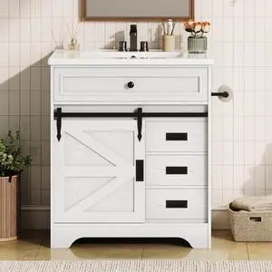 30" Bathroom Vanity with Sink, Farmhouse Bathroom Sink Cabinet with Flip Drawer & Sliding Barn Door, Freestanding Bathroom Vanities with Metal Handles, Paper Towel Holder,White 30" Bathroom Vanity with Sink, Farmhouse Bathroom Sink Cabinet with Flip Drawer & Sliding Barn Door, Freestanding Bathroom Vanities with Metal Handles, Paper Towel Holder,White