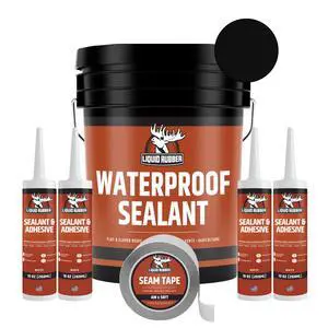 Waterproof Sealant - Waterproof Leak Repair Coating, Multi-Surface Rubber Paint, Durable Sealant for Roofs, Kit Includes- Black 5 Gallon Sealer, Caulk 10.2 oz 4 Pack, Seam Tape 4" x50' Waterproof Sealant - Waterproof Leak Repair Coating, Multi-Surface Rubber Paint, Durable Sealant for Roofs, Kit Includes- Black 5 Gallon Sealer, Caulk 10.2 oz 4 Pack, Seam Tape 4" x50'