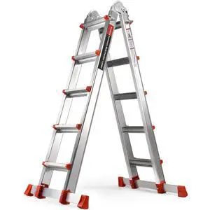 Ladder, A Frame Extension Ladder, Multi Position with Stabilizer Bar, 330 lbs Weight Rating Telescoping Ladder for Household or Outdoor Work, 17.5 Ft, Orange Ladder, A Frame Extension Ladder, Multi Position with Stabilizer Bar, 330 lbs Weight Rating Telescoping Ladder for Household or Outdoor Work, 17.5 Ft, Orange