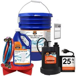 Tankless Water Heater Flush Kit with NSF Certified Liquid Descaling Solution and 1/6HP Heavy Duty Pump with 25 Ft Extra Long Power Cord Tankless Water Heater Flush Kit with NSF Certified Liquid Descaling Solution and 1/6HP Heavy Duty Pump with 25 Ft Extra Long Power Cord