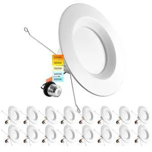 5/6 Inch LED Recessed Retrofit Downlight, 14W=90W, CCT Color Selectable 2700K | 3000K | 3500K | 4000K | 5000K, Dimmable Can Light, 1100 Lumens, Wet Rated, Energy Star (16 Pack) 5/6 Inch LED Recessed Retrofit Downlight, 14W=90W, CCT Color Selectable 2700K | 3000K | 3500K | 4000K | 5000K, Dimmable Can Light, 1100 Lumens, Wet Rated, Energy Star (16 Pack)
