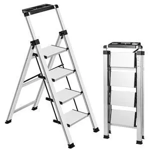4 Step Ladder, Retractable Handgrip Folding Step Stool with Anti-Slip Wide Pedal, Aluminum Stool Ladders 4 Steps, 330lbs Safety Household Ladder 4 Step Ladder, Retractable Handgrip Folding Step Stool with Anti-Slip Wide Pedal, Aluminum Stool Ladders 4 Steps, 330lbs Safety Household Ladder