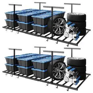 4x8 Overhead Garage Storage Rack with 6 Hooks, Adjustable Storage Organization System, Heavy-Duty Metal Ceiling Racks, 22.6" -39.4" Ceiling Dropdown, 2 Pack, Black, Lite Series 4x8 Overhead Garage Storage Rack with 6 Hooks, Adjustable Storage Organization System, Heavy-Duty Metal Ceiling Racks, 22.6" -39.4" Ceiling Dropdown, 2 Pack, Black, Lite Series