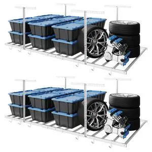 4x8 Overhead Garage Storage Rack with 6 Hooks, Adjustable Storage Organization System, Heavy-Duty Metal Ceiling Racks, 22.6" -39.4" Ceiling Dropdown, 2 Pack, White, Lite Series 4x8 Overhead Garage Storage Rack with 6 Hooks, Adjustable Storage Organization System, Heavy-Duty Metal Ceiling Racks, 22.6" -39.4" Ceiling Dropdown, 2 Pack, White, Lite Series