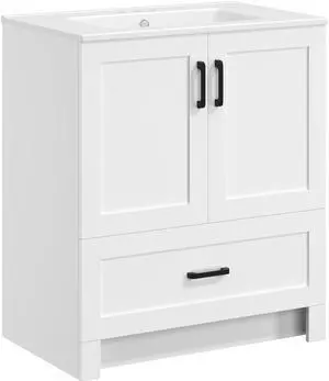 30" Bathroom Vanity with Ceramic Basin, Freestanding Bathroom Storage Cabinet with 2 Soft-Close Door and 1 Tip-Out Drawer, Undermount Vanity Sink Cabinet, Easy-to-Clean, White 30" Bathroom Vanity with Ceramic Basin, Freestanding Bathroom Storage Cabinet with 2 Soft-Close Door and 1 Tip-Out Drawer, Undermount Vanity Sink Cabinet, Easy-to-Clean, White