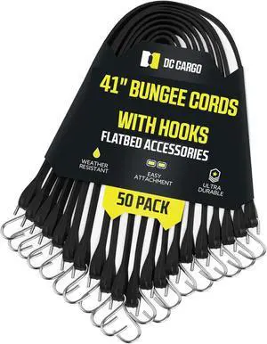 DC Cargo (Pack of 50) Tarp Straps for Flatbed Trailers, 41" Long Natural Rubber Bungee Cord Tie-Downs Ideal for Securing Tarps, Canvases, Cargo in Cold Climates | Tie-Downs w/Metal S-Hooks DC Cargo (Pack of 50) Tarp Straps for Flatbed Trailers, 41" Long Natural Rubber Bungee Cord Tie-Downs Ideal for Securing Tarps, Canvases, Cargo in Cold Climates | Tie-Downs w/Metal S-Hooks