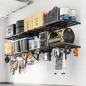 2x4ft Heavy Duty Garage Wall Shelving, 4-Pack Garage Shelving Wall Mounted with 8 Hooks, 400lbs Capacity, Storage for Power Tools, Garden Supplies, Storage Bins, Lite Series 2x4ft Heavy Duty Garage Wall Shelving, 4-Pack Garage Shelving Wall Mounted with 8 Hooks, 400lbs Capacity, Storage for Power Tools, Garden Supplies, Storage Bins, Lite Series