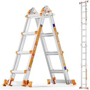 14FT Extension Ladder,A Frame 4 Step Ladder with Stabilizer Bar & Wheels,330 lbs Security Load Multi Position Ladder for Stairs Home Indoor Outdoor Roof 14FT Extension Ladder,A Frame 4 Step Ladder with Stabilizer Bar & Wheels,330 lbs Security Load Multi Position Ladder for Stairs Home Indoor Outdoor Roof