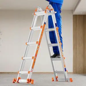 A Frame 5 Step Ladder, 17FT Extension Ladder with Stabilizer Bar & Wheels,330 lbs Security Load Multi Position Ladder for Stairs Home Indoor Outdoor Roof A Frame 5 Step Ladder, 17FT Extension Ladder with Stabilizer Bar & Wheels,330 lbs Security Load Multi Position Ladder for Stairs Home Indoor Outdoor Roof