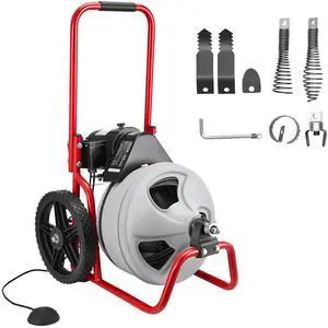 Drain Cleaner Machine 75 FT x 3/8 Inch, Sewer Snake Auger Manual Feed on Wheels, Portable Drain Cleaning Machine with 6 Cutters & Air-activated Foot Switch for 2" to 4" Pipes Drain Cleaner Machine 75 FT x 3/8 Inch, Sewer Snake Auger Manual Feed on Wheels, Portable Drain Cleaning Machine with 6 Cutters & Air-activated Foot Switch for 2" to 4" Pipes