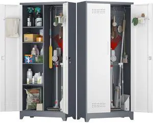 Broom Storage Cabinet, Metal Cabinet with Shelves and Hanging Rod, 72.8" Utility Cabinets with Locking Door, Tall Cleaning Storage for Kitchen, Pantry, Office, Shop, Garage Broom Storage Cabinet, Metal Cabinet with Shelves and Hanging Rod, 72.8" Utility Cabinets with Locking Door, Tall Cleaning Storage for Kitchen, Pantry, Office, Shop, Garage