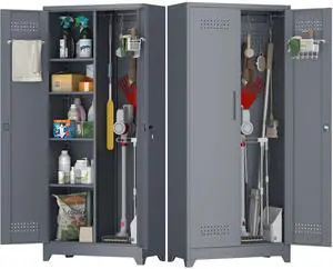 Metal Tool Storage Cabinet, Broom Closet with Hooks, 72.8" Tall Garage Cabinet with Shelves, Heavy-Duty Cleaning Storage for Utility Room, Gym, Office, Garage Metal Tool Storage Cabinet, Broom Closet with Hooks, 72.8" Tall Garage Cabinet with Shelves, Heavy-Duty Cleaning Storage for Utility Room, Gym, Office, Garage