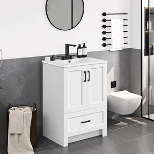 24.5" Modern Bathroom Vanity with Ceramic Basin, Undermount Vanity Sink Cabinet with 2 Doors and 1 Drawer, Free Standing Bathroom Storage Cabinet with Sink Combo Set, White 24.5" Modern Bathroom Vanity with Ceramic Basin, Undermount Vanity Sink Cabinet with 2 Doors and 1 Drawer, Free Standing Bathroom Storage Cabinet with Sink Combo Set, White