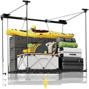 GL1 Overhead Garage Lifting Storage Rack, 4x4 Ft Heavy-Duty Metal Storage Racks, Adjustable Garage Ceiling Organization System, 350lbs Weight, Polished Black GL1 Overhead Garage Lifting Storage Rack, 4x4 Ft Heavy-Duty Metal Storage Racks, Adjustable Garage Ceiling Organization System, 350lbs Weight, Polished Black