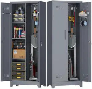 Broom Closet Storage Cabinet, Steel Locking Cabinet with Hanging Rod, 65" Cleaning Storage with Doors and Hooks, Tall Broom Tool Cabinets for Office, Garage Broom Closet Storage Cabinet, Steel Locking Cabinet with Hanging Rod, 65" Cleaning Storage with Doors and Hooks, Tall Broom Tool Cabinets for Office, Garage