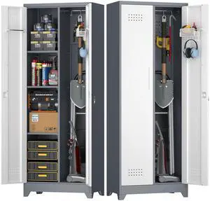 Broom Storage Cabinet, Metal Utility Storage Cabinet with Hanging Rail, 65" Tall Cleaning Tool Organizer with Shelves and Doors, Cleaning Storage for Home, Garage, Office, Balcony Broom Storage Cabinet, Metal Utility Storage Cabinet with Hanging Rail, 65" Tall Cleaning Tool Organizer with Shelves and Doors, Cleaning Storage for Home, Garage, Office, Balcony
