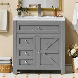 30" Bathroom Vanity with Sink, Bathroom Storage Vanity Sink Cabinet with 2 Doors & 1 Drawer Space, Farmhouse Wooden Free Standing Bathroom Cabinet with Sink Combo, Easy Assembly (Grey) 30" Bathroom Vanity with Sink, Bathroom Storage Vanity Sink Cabinet with 2 Doors & 1 Drawer Space, Farmhouse Wooden Free Standing Bathroom Cabinet with Sink Combo, Easy Assembly (Grey)
