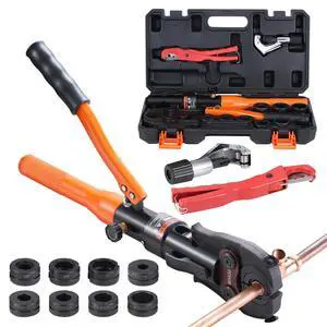 Copper Pipe Crimping Tool, Hydraulic Driven Press Tool with 1/2", 3/4", 1" Jaws for VUS Type Copper Pipes and 3/8", 1/2", 5/8", 3/4", 1" Jaws for ASTM F1807 Pex Pipe Copper Ring Copper Pipe Crimping Tool, Hydraulic Driven Press Tool with 1/2", 3/4", 1" Jaws for VUS Type Copper Pipes and 3/8", 1/2", 5/8", 3/4", 1" Jaws for ASTM F1807 Pex Pipe Copper Ring