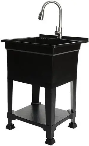 Freestanding Utility Tub Sink with Quick Connect Drain, 24 x 24", Black - Portable and Compact Sink with Faucet for Outdoor Kitchen, Laundry Room, Garage, and Basement Freestanding Utility Tub Sink with Quick Connect Drain, 24 x 24", Black - Portable and Compact Sink with Faucet for Outdoor Kitchen, Laundry Room, Garage, and Basement