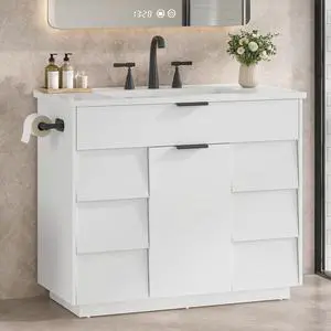 37" Bathroom Vanity with Sink Combo Set, Freestanding Bathroom Cabinet with 5 Drawers Space, 5 in 1 Hair Tool Organizer Rack with Towel Holder and Hooks, Soft Closing Storage Door (White, 37in) 37" Bathroom Vanity with Sink Combo Set, Freestanding Bathroom Cabinet with 5 Drawers Space, 5 in 1 Hair Tool Organizer Rack with Towel Holder and Hooks, Soft Closing Storage Door (White, 37in)