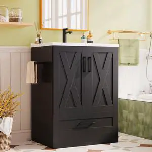 24" Bathroom Vanity with Sink, Bathroom Storage Vanity Sink Cabinet with 2 Doors & 1 Drawer Space, Farmhouse Wooden Free Standing Bathroom Cabinet with Sink Combo, Easy Assembly (Black) 24" Bathroom Vanity with Sink, Bathroom Storage Vanity Sink Cabinet with 2 Doors & 1 Drawer Space, Farmhouse Wooden Free Standing Bathroom Cabinet with Sink Combo, Easy Assembly (Black)