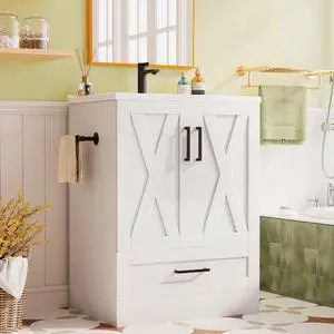 24" Bathroom Vanity with Sink, Bathroom Storage Vanity Sink Cabinet with 2 Doors & 1 Drawer Space, Farmhouse Wooden Free Standing Bathroom Cabinet with Sink Combo, Easy Assembly (White) 24" Bathroom Vanity with Sink, Bathroom Storage Vanity Sink Cabinet with 2 Doors & 1 Drawer Space, Farmhouse Wooden Free Standing Bathroom Cabinet with Sink Combo, Easy Assembly (White)