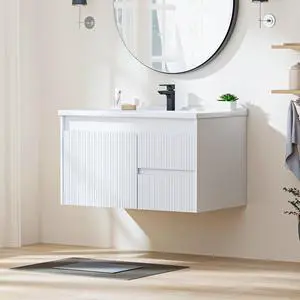 Floating Bathroom Vanity with Sink, 32 Inch Wall Mounted Bathroom Vanity with 2 Drawers and Wave-Carved Design Door, Modern Wooden Cabinet with Ceramic Sink and Storage, White Floating Bathroom Vanity with Sink, 32 Inch Wall Mounted Bathroom Vanity with 2 Drawers and Wave-Carved Design Door, Modern Wooden Cabinet with Ceramic Sink and Storage, White