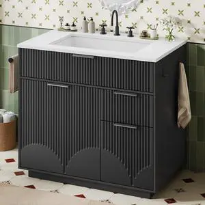 31" Fluted Bathroom Vanity with Sink, Freestanding Bathroom Cabinet with Door Storage and 3 Drawers Space, Undermount Vanity Sink Combo Set with Towel Holder and Hooks, Soft Closing Door (Black, 31in) 31" Fluted Bathroom Vanity with Sink, Freestanding Bathroom Cabinet with Door Storage and 3 Drawers Space, Undermount Vanity Sink Combo Set with Towel Holder and Hooks, Soft Closing Door (Black, 31in)