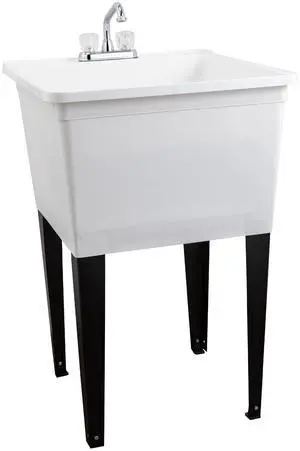Tehila Basics by 21-Gallon White Freestanding Utility Sink with Chrome Finish 2-Handle Faucet, Heavy Duty Plastic Laundry Tub with Adjustable Legs Tehila Basics by 21-Gallon White Freestanding Utility Sink with Chrome Finish 2-Handle Faucet, Heavy Duty Plastic Laundry Tub with Adjustable Legs
