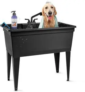 Tehila Freestanding Double-Wide Utility Sink with Steel Legs & Black Pull-Out Faucet, Multi-Purpose Heavy-Duty Laundry Tub and Kitchen Sink for Homes & Business, Black Tehila Freestanding Double-Wide Utility Sink with Steel Legs & Black Pull-Out Faucet, Multi-Purpose Heavy-Duty Laundry Tub and Kitchen Sink for Homes & Business, Black